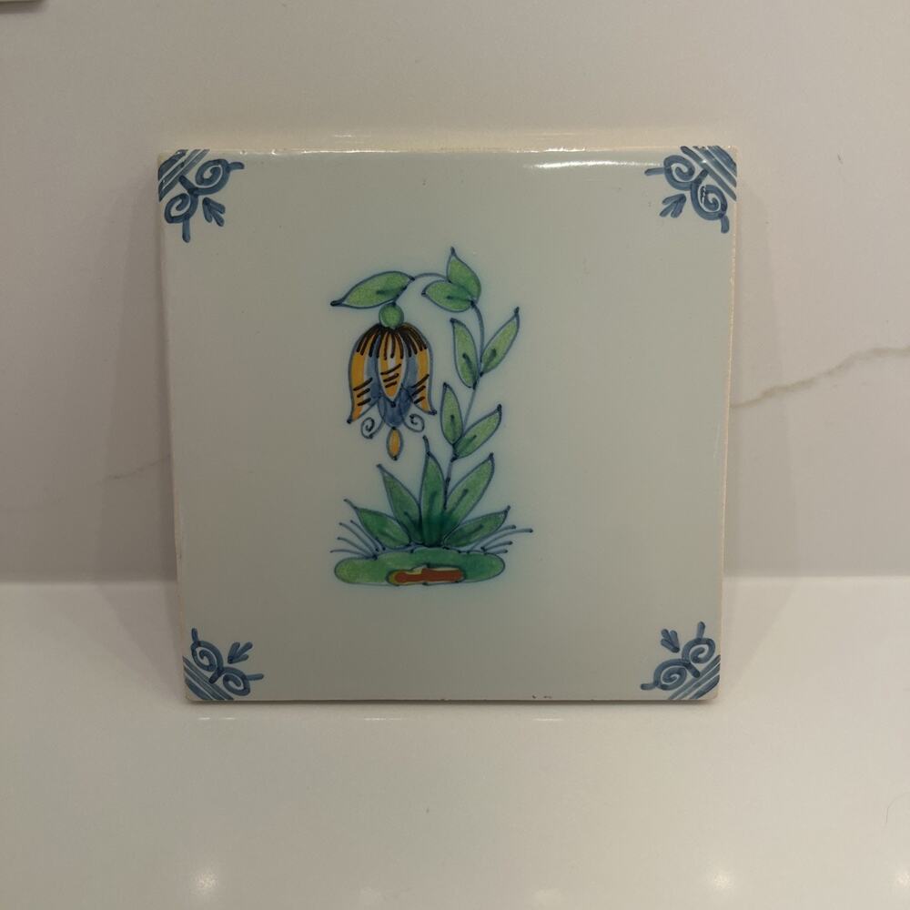 Tichelaar Makkum Delft Tile - Floral Hand painted Vintage 5 1/4” Lily Pad